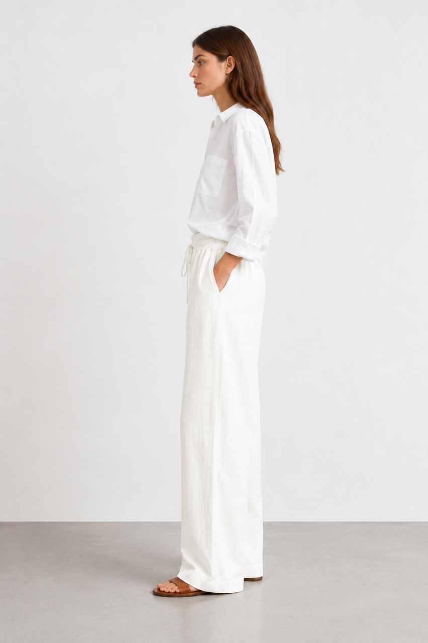 Ivory Cotton-Linen Wide-Leg Trouser